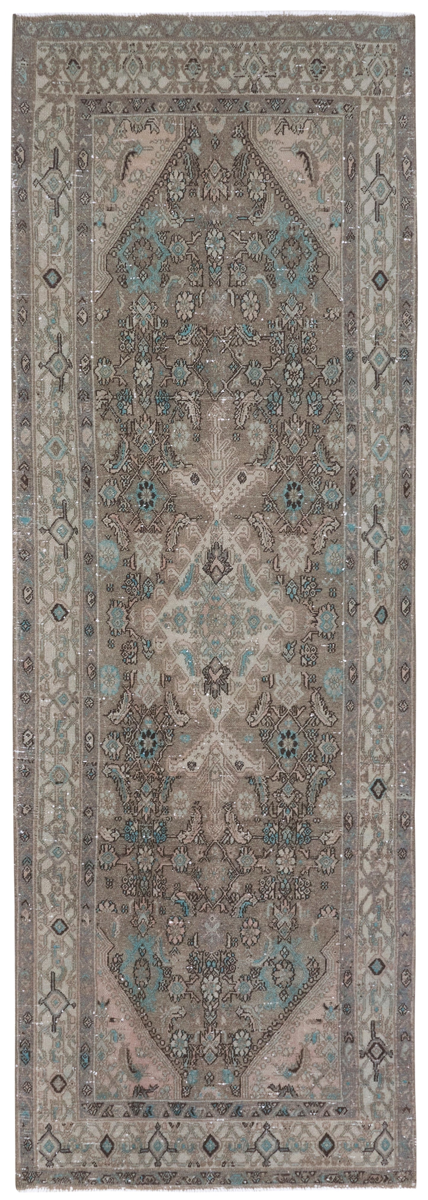  Infuse vintage elegance into your hallway! Our vintage Persian traditional runner rug boasts earthy tones, including browns, taupes, teal, and petrol blue, adorned with a tribal and Aztec diamond motif design. Hand-knotted and uniquely vintage, this antique rug adds timeless sophistication to your home, inspired by design styles reminiscent of Studio McGee and Amber Interiors.