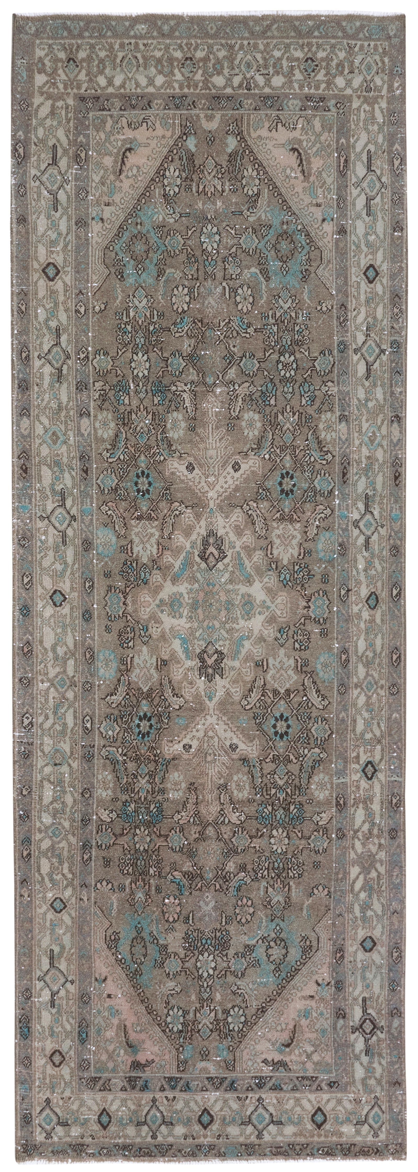  Infuse vintage elegance into your hallway! Our vintage Persian traditional runner rug boasts earthy tones, including browns, taupes, teal, and petrol blue, adorned with a tribal and Aztec diamond motif design. Hand-knotted and uniquely vintage, this antique rug adds timeless sophistication to your home, inspired by design styles reminiscent of Studio McGee and Amber Interiors.
